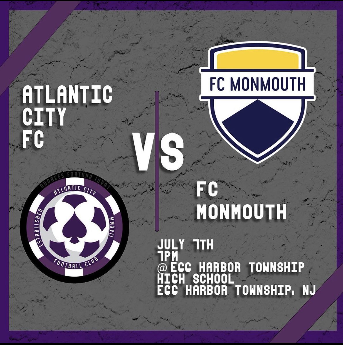 AtlanticCityFC's tweet photo. 📢 G A M E D A Y 10 ♠️ 

🆚: @wearemonmouth 
📆: Wednesday, July 7th
⌚️: 7 PM EST
🏟: Silver Eagle Stadium 
📺: https://t.co/ucKmT3sWBO

Last home game of the regular season, come out and support!

$5 Tickets, Kids free! Link in our bio for more! 

#AcesUp #ACFCvsMonmouth #ACFC https://t.co/pEHTJs4KH2