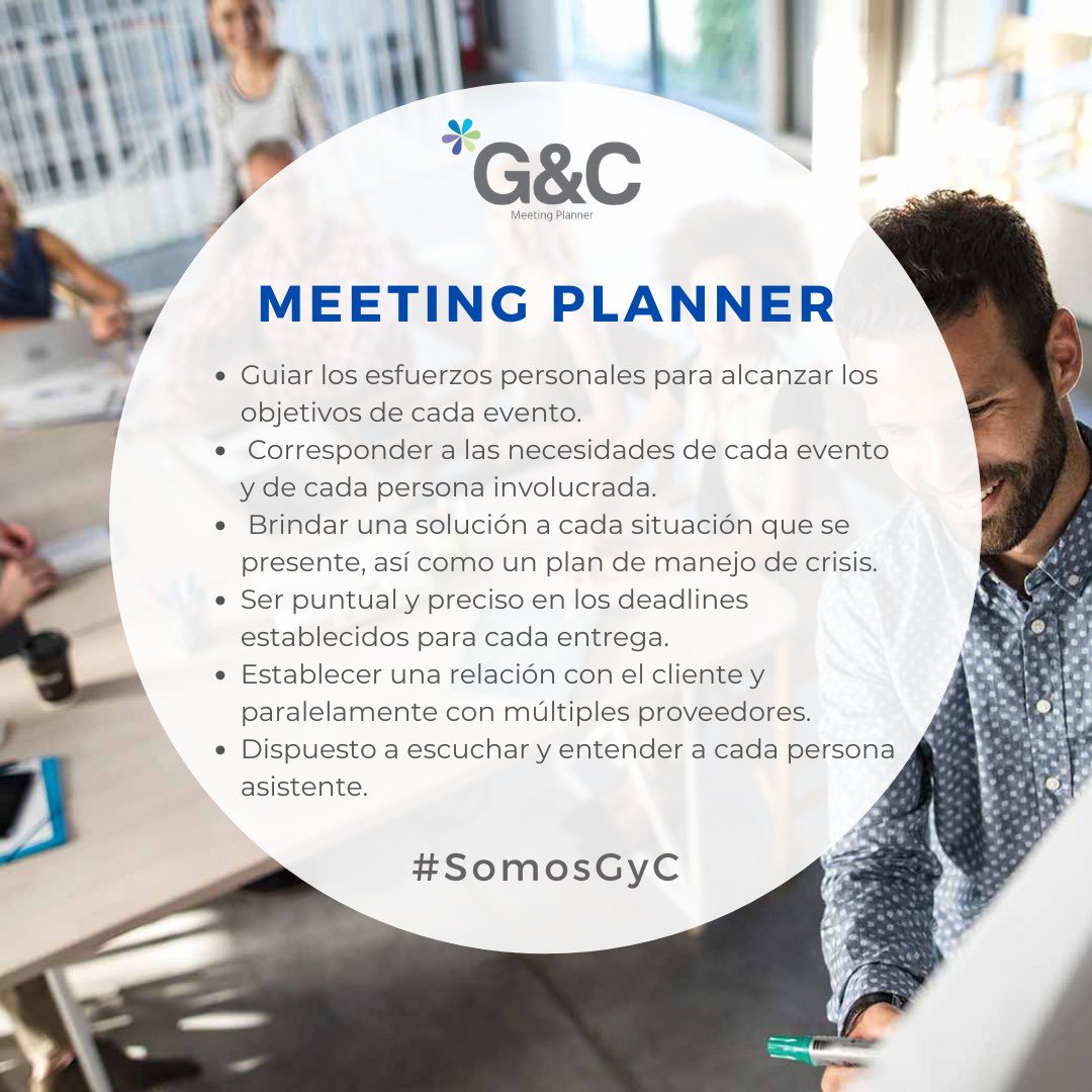 EventosGyC's tweet photo. Un meeting planner aporta crecimiento y profesionalización, dando como resultado eventos exitosos, equipos de trabajo comprometidos, asistentes felices y clientes satisfechos. #meetingplanner #eventos #profesionales #somosGyC https://t.co/ok71dUqzfT