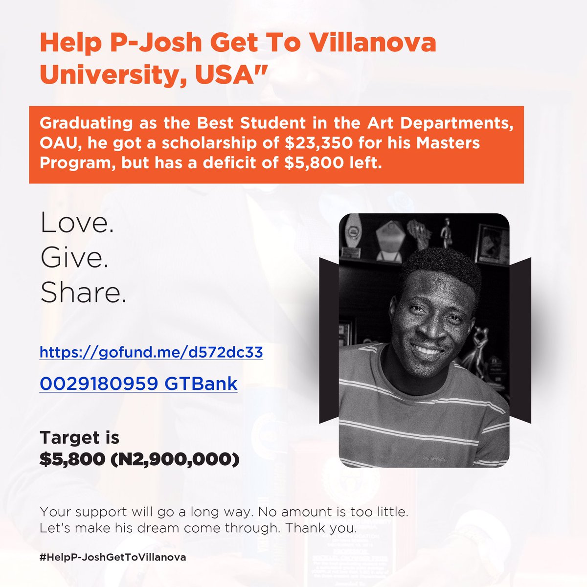 P_joshuapeters's tweet photo. #HelpPJoshGetToVillanova

Having discovered my passion for Drama since the days of Alfa Sule, Joshua (Otiganpa) left Sciences for Theatre. 

After finishing the top of my class and the Best Graduating Student in the Art Departments of my faculty, I  got admitted to do a... https://t.co/n88ZrXx3Rl