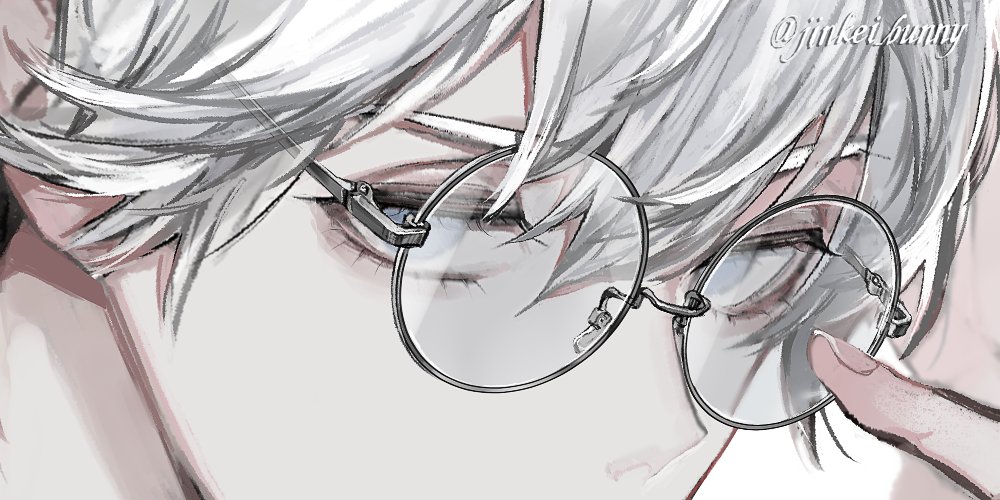 1boy male focus glasses solo white hair round eyewear short hair  illustration images