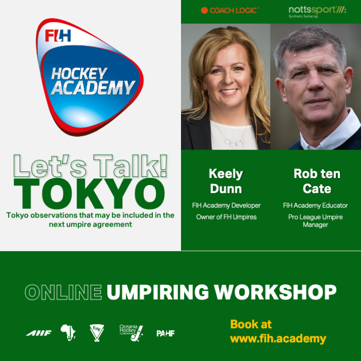 FIH_Academy's tweet photo. Are you up for our Tokyo Specials?
Here's the Umpiring one!
Let's Go! Tokyo, 15 Jul, 21:00 CEST
Let's Talk! Tokyo, 19 Aug, 21:00 CEST
With @keelydunn &amp; @robtencate 
Register in one or on both at https://t.co/VH1onuKWSQ
With FIH Academy partners @coachlogic and @NottsSport https://t.co/l6hei6cS7H