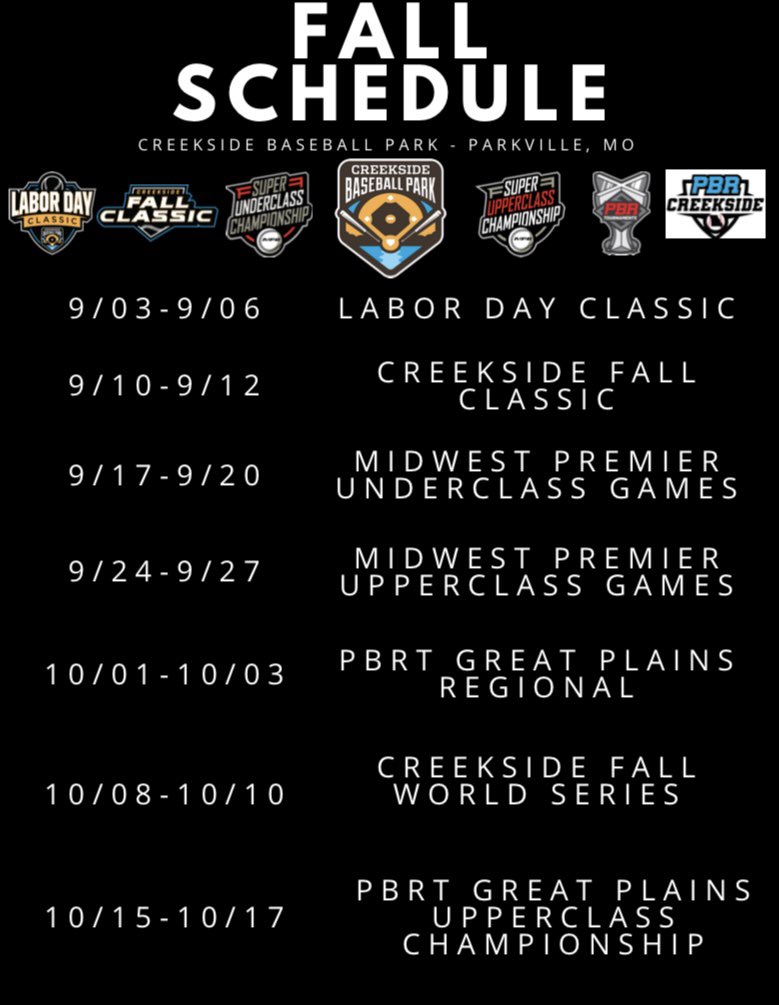 Creekside Fall Ball Schedule Release!

We’re excited to announce our 7️⃣ tournaments for the fall! 

🗓bit.ly/2Uo4l68