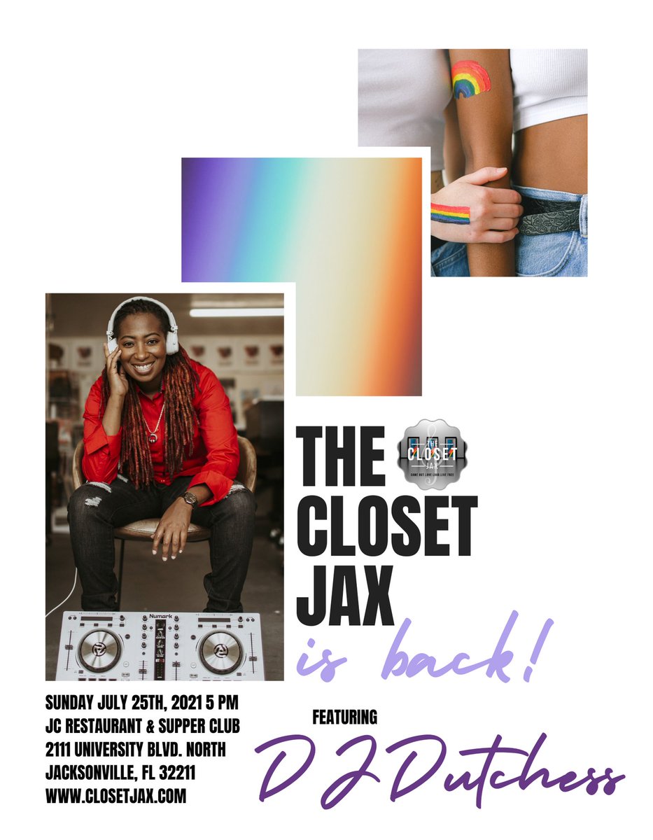 ClosetJax's tweet photo. The #ClosetJax is Back! 
Sunday, July 25th @ 5 PM
- DJ Dutchess Spinning
- Featuring Savannah &amp; The Closet Jax House Band 
- Poetess, Artist, Entrepreneur May Reign from Miami, FL 
- Dancer and Choreographer, Dion Pratt Jr. 
https://t.co/D9iLbwcwwI https://t.co/lmKYWXytSA