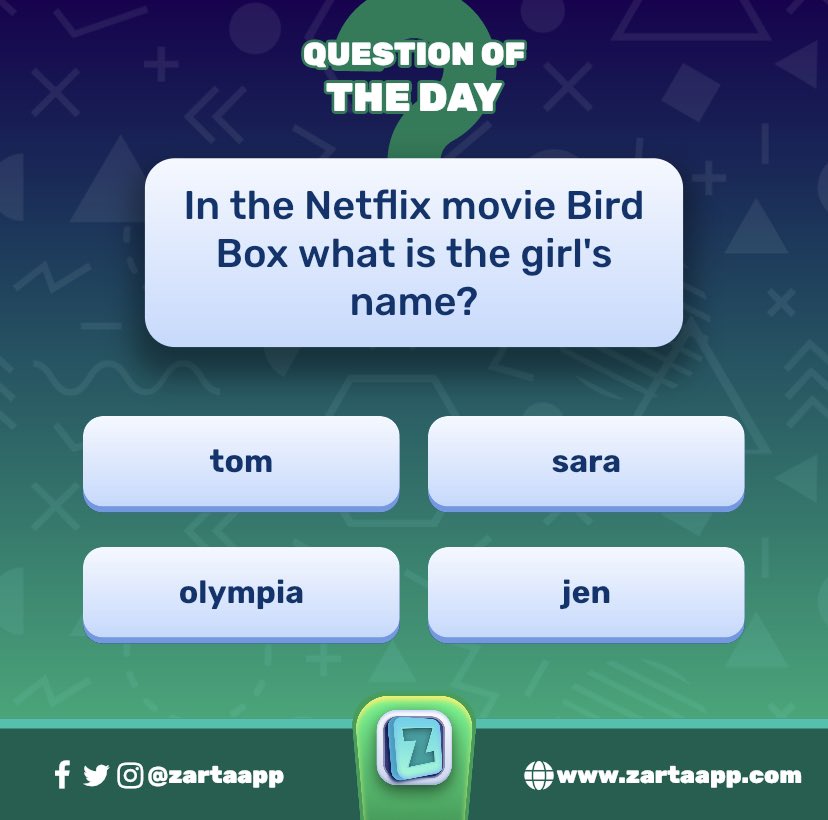 zartaapp's tweet photo. Today’s Question of the Day. Comment below if you know the answer 🍿 

Play our Netflix category at https://t.co/FDEsFbeCCr

#zarta #zartachallenge #game #gamer #gaming #gamingcommunity #gaminglife #question #questionoftheday #trivia #triviagame #netflix #birdbox #movie https://t.co/ECmShKNdHU