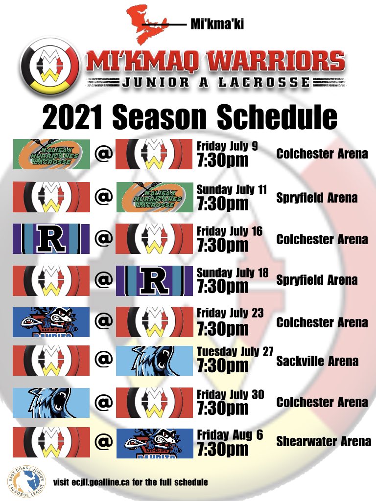 Mi'kmaq Warriors Lacrosse (@mikmaqwarriors) on Twitter photo The 2021 season is now underway, and the Warriors’ home opener and season begins this Friday July 9th! Please visit <a href="/TheECJLL/">East Coast Junior Lacrosse League</a> website for details regarding covid restrictions. We can’t wait to get the season underway after 23 long months! The 2021 season is now underway, and the Warriors’ home opener and season begins this Friday July 9th! Please visit <a href="/TheECJLL/">East Coast Junior Lacrosse League</a> website for details regarding covid restrictions. We can’t wait to get the season underway after 23 long months!