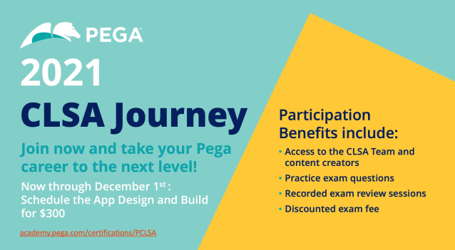 pega_dsk's tweet photo. Now’s your chance to earn the highest level of Pega’s technical accreditation by completing your CLSA Journey. Sign up today to gain access to exclusive webinars and study materials in preparation for your CLSA exam! https://t.co/72NhxFVDeH https://t.co/CIhmVWFGHF