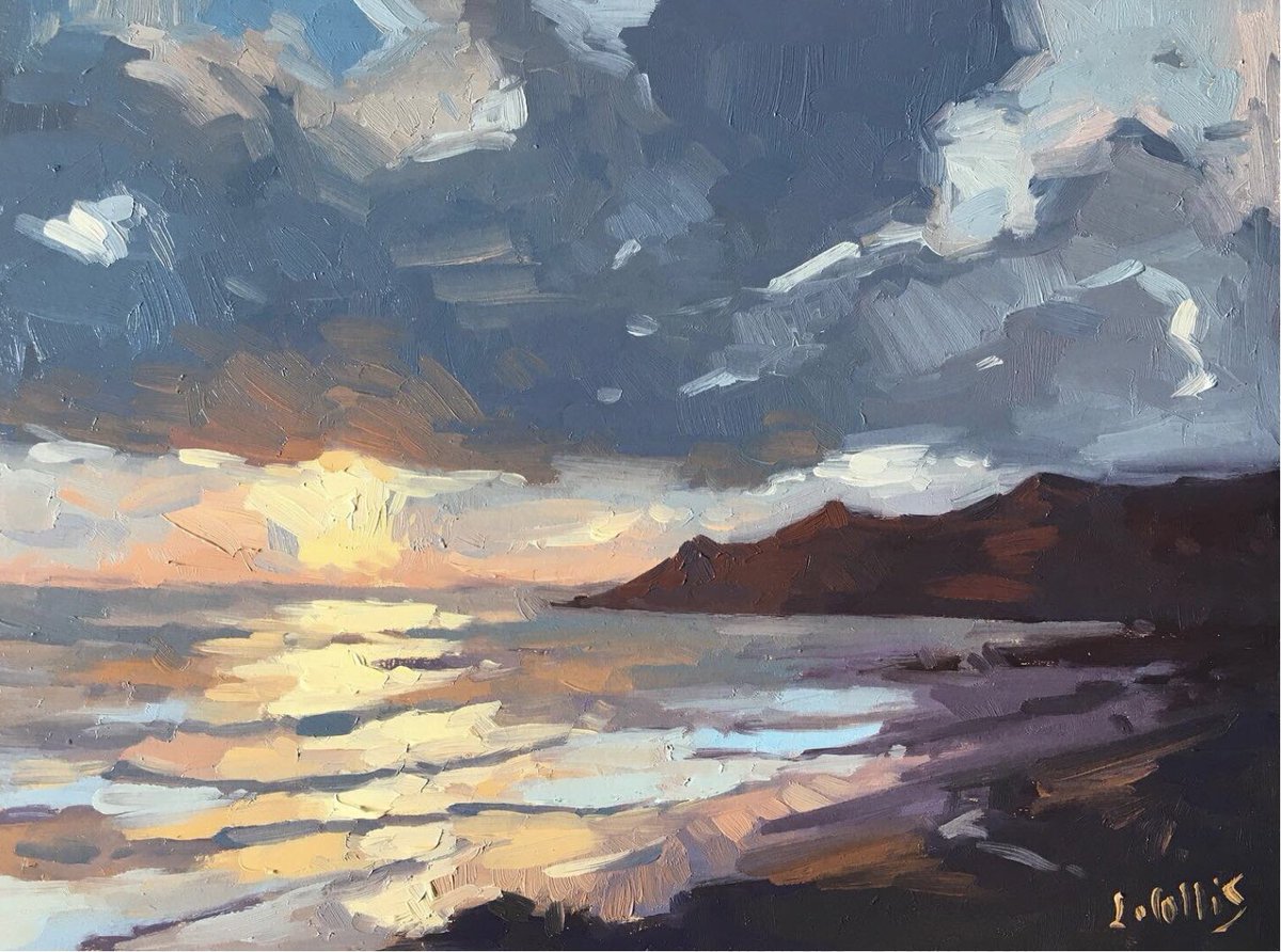 Sunset under Heavy Clouds, Morte Point. 
8”x6” oil on board. 
From one of my favourite benches in Woolacombe where you get the most stunning sunsets. Sometimes you think the clouds are going to completely obscure the sunset, then this happens
louisecollis.com