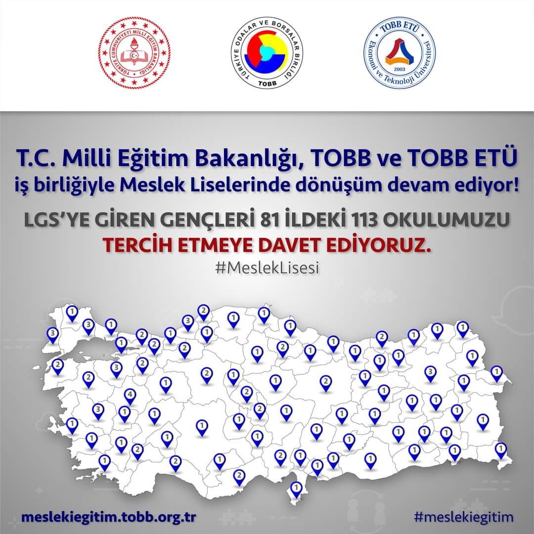LGS tercihlerinde gençlerimizi 81 ilde desteklediğimiz 113 meslek lisemize bekliyoruz. Milli Eğitim Bakanlığı-MEB Ziya Selçuk TOBB | Türkiye Odalar ve Borsalar Birliği TOBB ETÜ
#MeslekLisesi