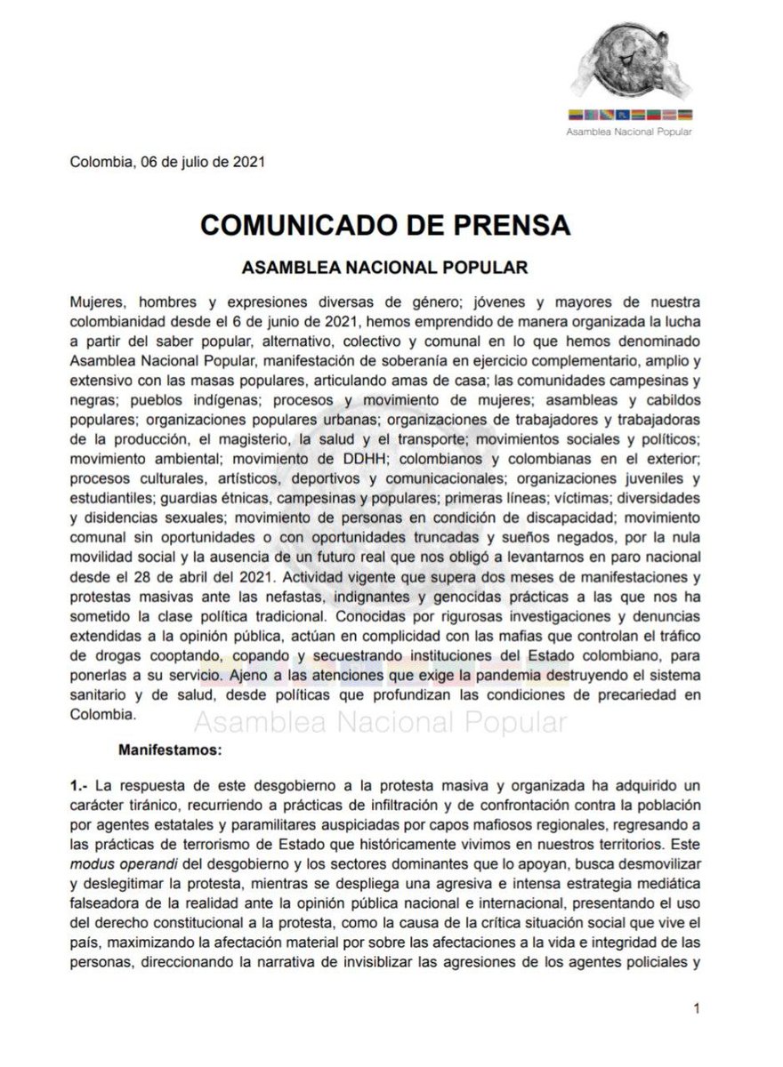 asambleapop21's tweet photo. Comunicado de Prensa de la #AsambleaNacionalPopular 

🔥 Denunciamos las prácticas genocidas del estado colombiano en contra del pueblo y la protesta. 
🔥 Llamamos a capítulo #CaliResiste de la Asamblea Nacional Popular del 17 al 20 de Julio.

Sigue 👇🏽 https://t.co/sRXEcIG7ru