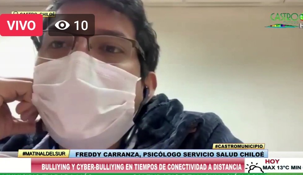 SaludChiloe's tweet photo. #AHORA: Vea la entrevista en @CastroTVcanal2 del psicólogo del @SaludChiloe Freddy Carranza dialogando sobre el bulliying y cyber-bulliying en tiempos de pandemia, factores de riesgos, entre otros. Revise aquí👇  https://t.co/3WVIUErYCR https://t.co/2T3MYZTy1C