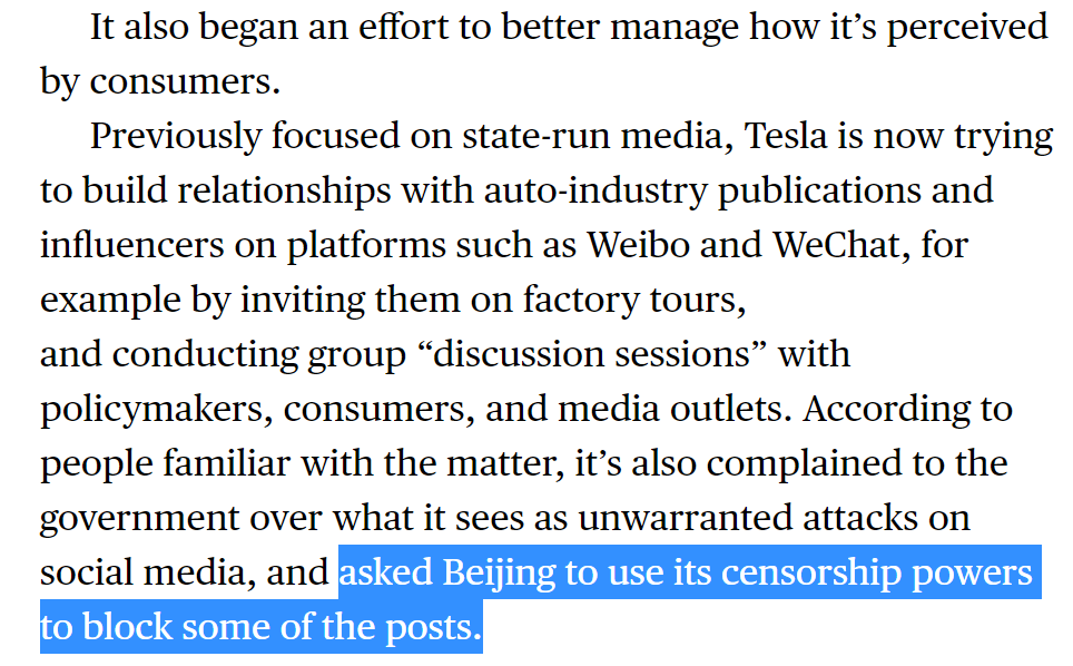 RudyHavenstein's tweet image. Tesla "complained to the government over what it sees as unwarranted attacks on social media, and asked Beijing to use its censorship powers to block some of the posts." 

This is a huge red flag, and disgusting fascist corporatism. @elonmusk @Tesla 
archive.vn/mcDf6 $TSLA