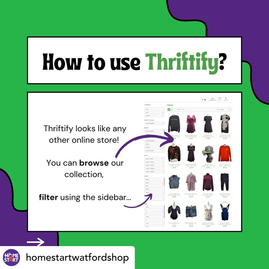 homestart2's tweet photo. Did you know our charity shop is now selling items online on @thrift_ify 🛍?! We have heaps of items from big brands like Adidas, Topshop and Topman, Zara, John Lewis, and designer brands too! 🤩 #Thriftify #CharityShop #HomeStartWatford #Watford #Sustainability https://t.co/X4NO5loHBk