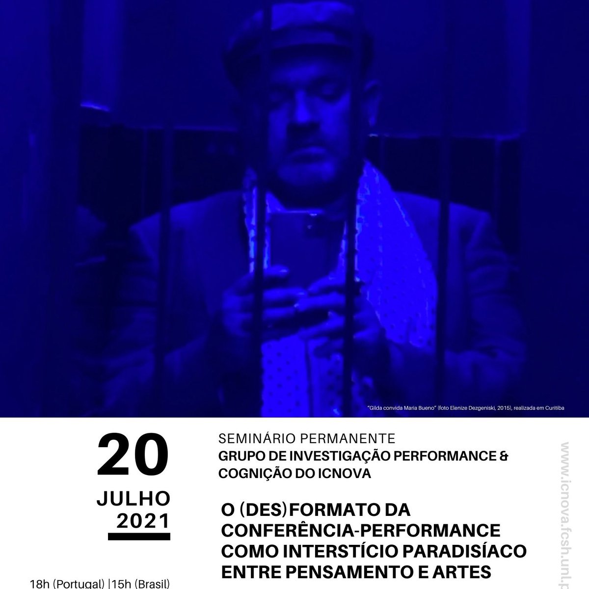 Seminário Performance &amp; Cognição do ICNOVA. 
O performer Nelson Guerreiro é o convidado do próximo Seminário com a comunicação “O (des)formato da conferência-performance como interstício paradisíaco entre pensamento e artes”. 
👉 bityli.com/xMSkG