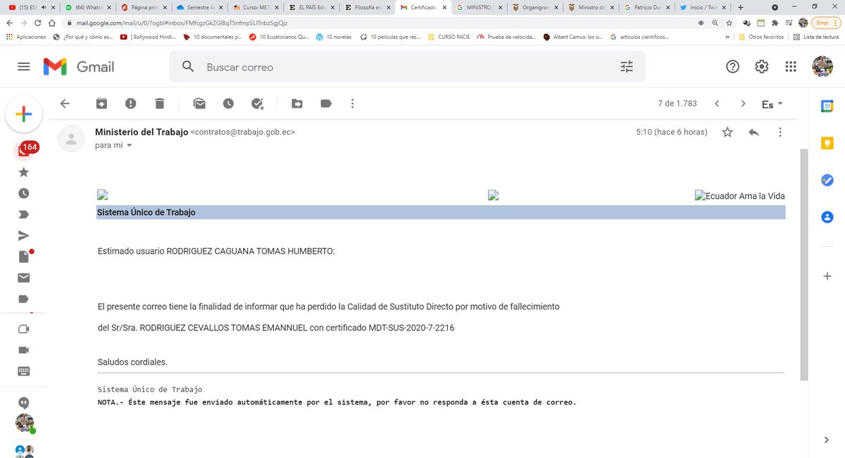 tomasrodri's tweet image. Sr @DonosoEcuador como 1er personero de @MinTrabajoEc le pido, EXPLICACIONES, por este email. Mi hijo es #CONADIS y &quot;DECLARARLO MUERTO&quot; es una FALTA DE RESPETO. Espero disculpas e inmediato restablecimiento como Trabajador Sustituto cc @LassoGuillermo, @conadisecu FAVOR COMPARTIR