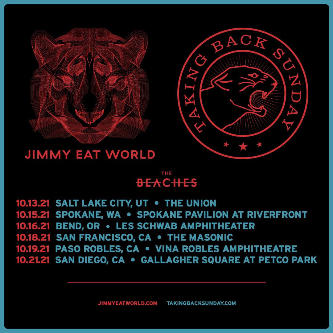 TBSOfficial's tweet photo. Very excited to announce a handful of dates with @jimmyeatworld &amp; @thebeaches leading up to @chainfest in Southern California this October.  Pre-sales start tomorrow at 10am, password: TWENTY https://t.co/OECOEaG5H4