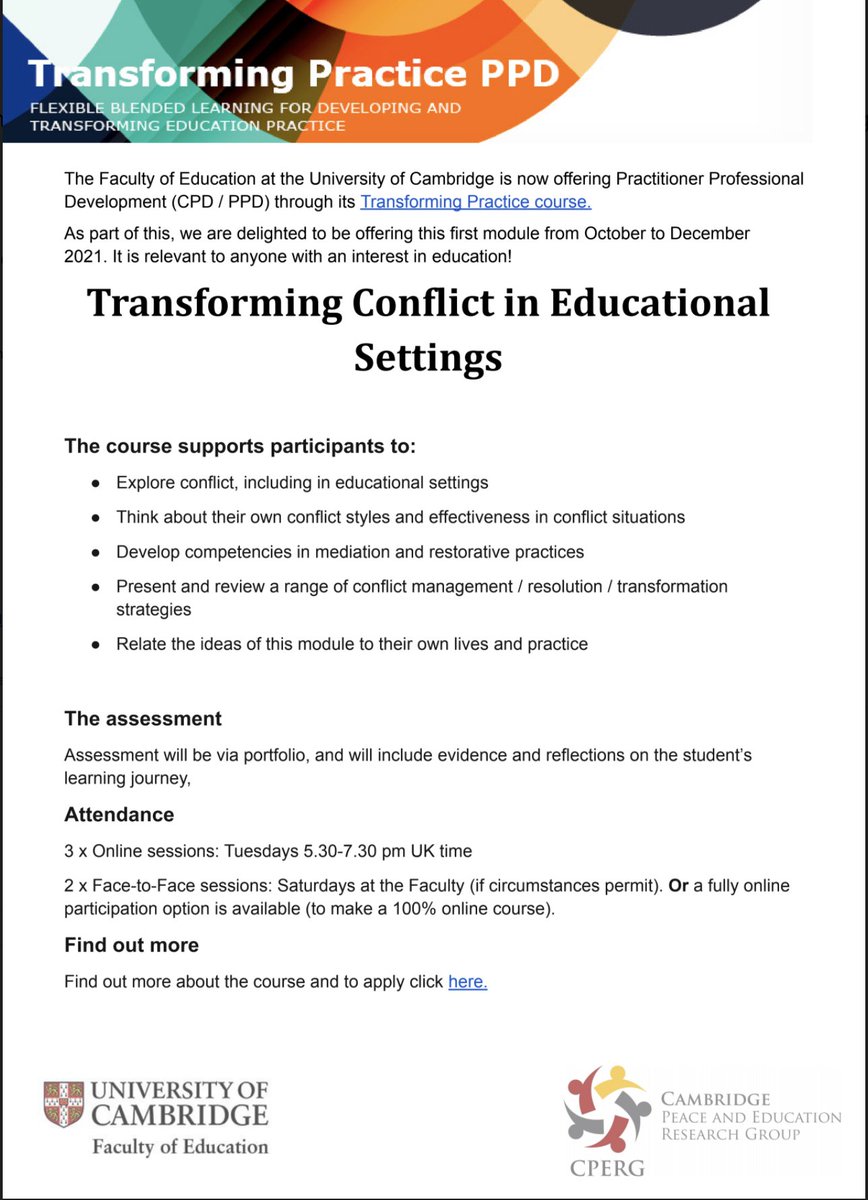 If you want to some PPD with a focus on bringing a little more peace into your schools you have three more days to sign up for this powerful and practical programme at @CamEdFac Share the love @Markfinnis @cperguk @UCTribe @ITLWorldwide @EduNorthants educ.cam.ac.uk/courses/ppd/pr…