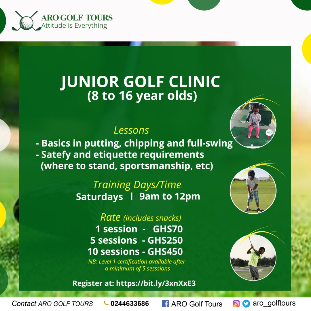 ARO_Golftours's tweet photo. *Junior Golf🏌🏾‍♀️ Classes* 

Let professionals teach your kids🧑 how to play golf⛳.

Trainings are held at
Achimota Golf Club and
Celebrities Golf Club, Sakumono. 

Register with the link below:
https://t.co/iN9dA9Svct

#juniorgolf #arogolftours #ghanagolf #Ghana #Golf https://t.co/cX3ZUANGKV