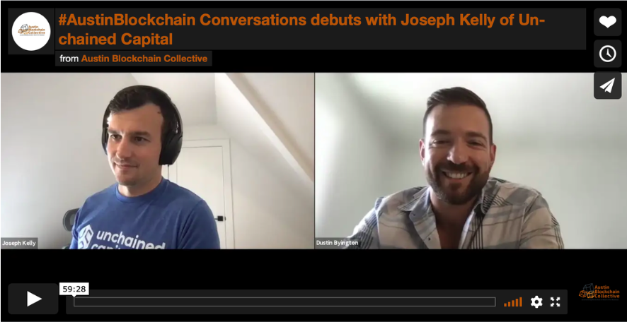atxblockcollect's tweet photo. If you missed last week's debut of our new  #AustinBlockchain Conversations series which featured Unchained Capital's Joseph Kelly in conversation with the Collective's Co-Founder, Dustin Byington, find the recording here: https://t.co/Zx5FrvNDxP  
#blockchain #bitcoin #AustinTx https://t.co/t5Tpy8Cu9Y