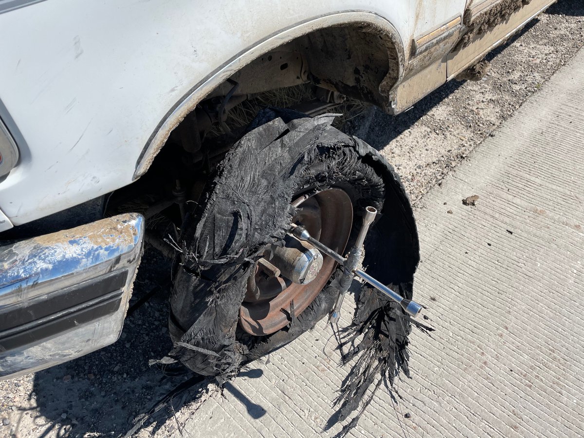 CodysLab's tweet image. Tire goes flat. No problem! I’ll switch it out with the spare. Spare explodes after about 10 miles. 🤦‍♀️