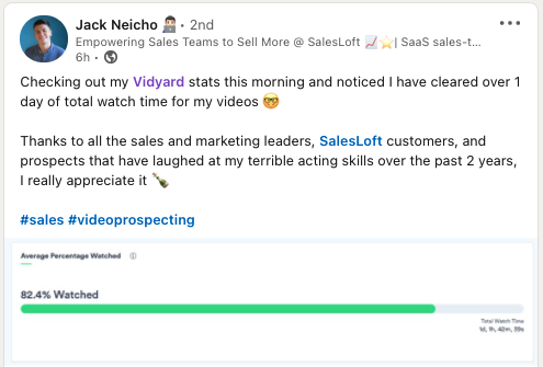 vidyard's tweet photo. Wow! Check out those video engagement metrics Jack’s getting from his prospecting videos. With Vidyard pro, know who’s watching and for how long so you can action/follow up with your most engaged prospects!
#sales #videoprospecting https://t.co/mH5pYmyNgv