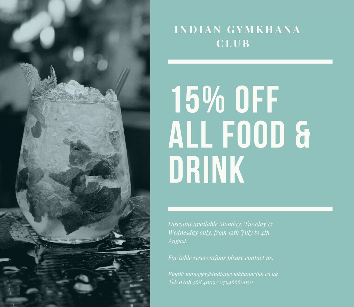 As if you needed any more of an excuse to enjoy a cheeky drink &amp; a sumptuous meal at the home of IGHC, you can now enjoy a terrific discount too!, valid Mon - Wed 12/07 till 04/08