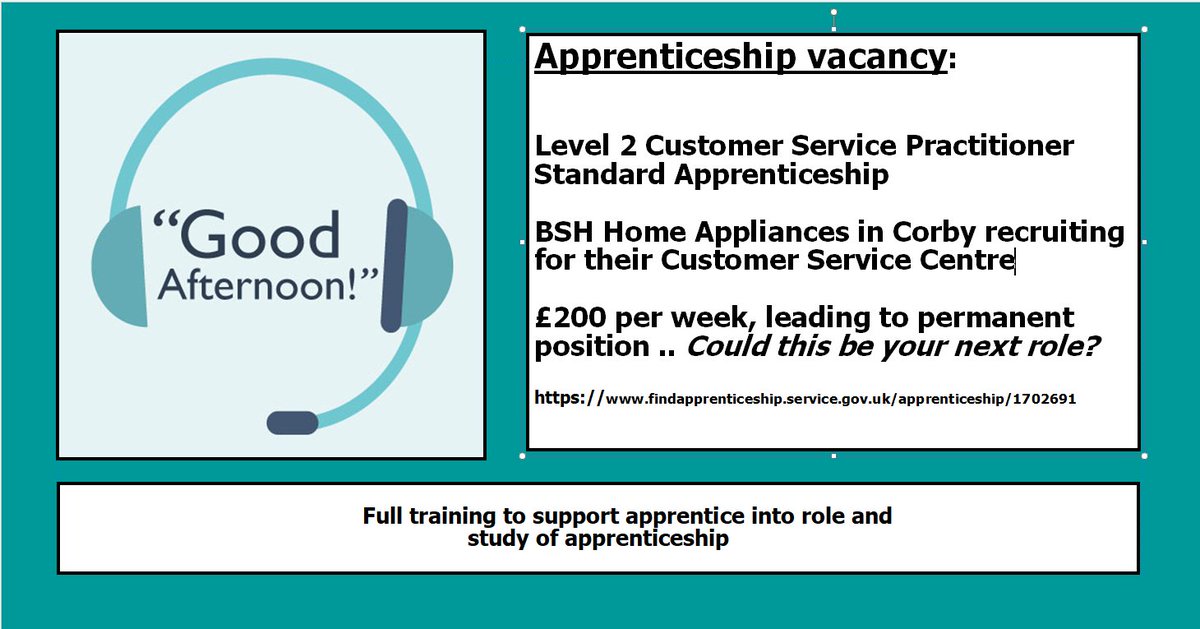 KTServices's tweet photo. Level 2 Customer Service Practitioner Standard Apprenticeship 😊
Learn the role, learn behaviours within the workplace, gain knowledge, skills &amp; a qualification - and earn salary too!  Vacancy with BSH Home Appliances, Corby, apply through the link:   https://t.co/ZB6tOE6qJR https://t.co/uRGGMvb9NJ