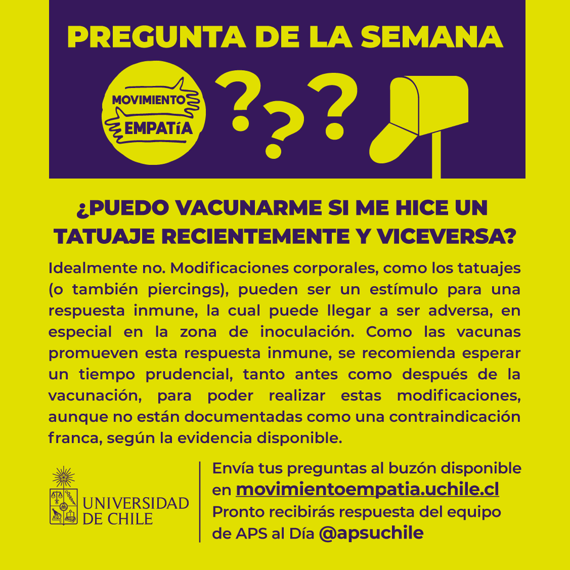 Departamento Atención Primaria y Salud Familiar (@apsuchile) on Twitter photo PREGUNTA DE LA SEMANA que responde el equipo #APSaldía <a href="/apsuchile/">Departamento Atención Primaria y Salud Familiar</a>: ¿Hay algún riesgo con la vacuna para la fertilidad y/o el embarazo? Informarse bien es un acto de empatía que ayuda a frenar la pandemia. #EmpatíaEsVida. Envía tus preguntas al buzón de movimientoempatia.uchile.cl PREGUNTA DE LA SEMANA que responde el equipo #APSaldía <a href="/apsuchile/">Departamento Atención Primaria y Salud Familiar</a>: ¿Hay algún riesgo con la vacuna para la fertilidad y/o el embarazo? Informarse bien es un acto de empatía que ayuda a frenar la pandemia. #EmpatíaEsVida. Envía tus preguntas al buzón de movimientoempatia.uchile.cl