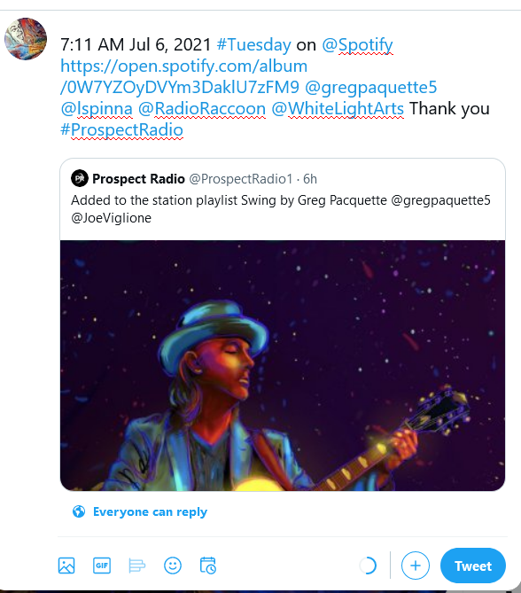 JoeViglione's tweet photo. 7:11 AM Jul 6, 2021 #Tuesday on @Spotify https://t.co/9zXGxCHZbU @gregpaquette5 @lspinna @RadioRaccoon @WhiteLightArts Thank you #ProspectRadio https://t.co/JSzhzj5Fpo
