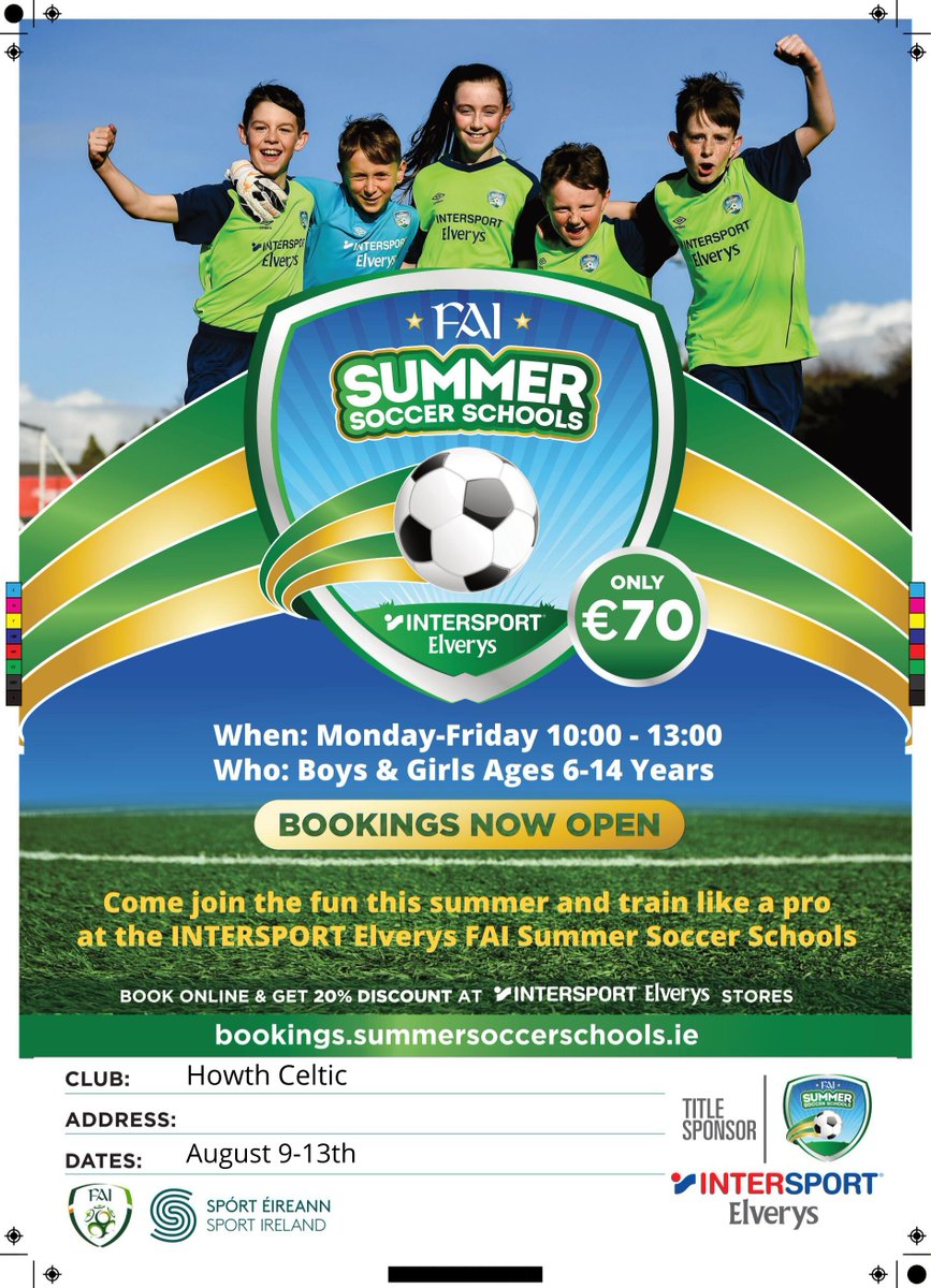 FingalSports's tweet image. FAI Summer Soccer School

There are still some spaces left on the @GypsyNangle and @MalahideUnited summer camps.

Book early as spaces are expected to fill up quickly.
bookings.summersoccerschools.ie/s/

@FAIreland @FAIGrassroots 
#ActiveFingal #grassrootsfootball #SummerCamps