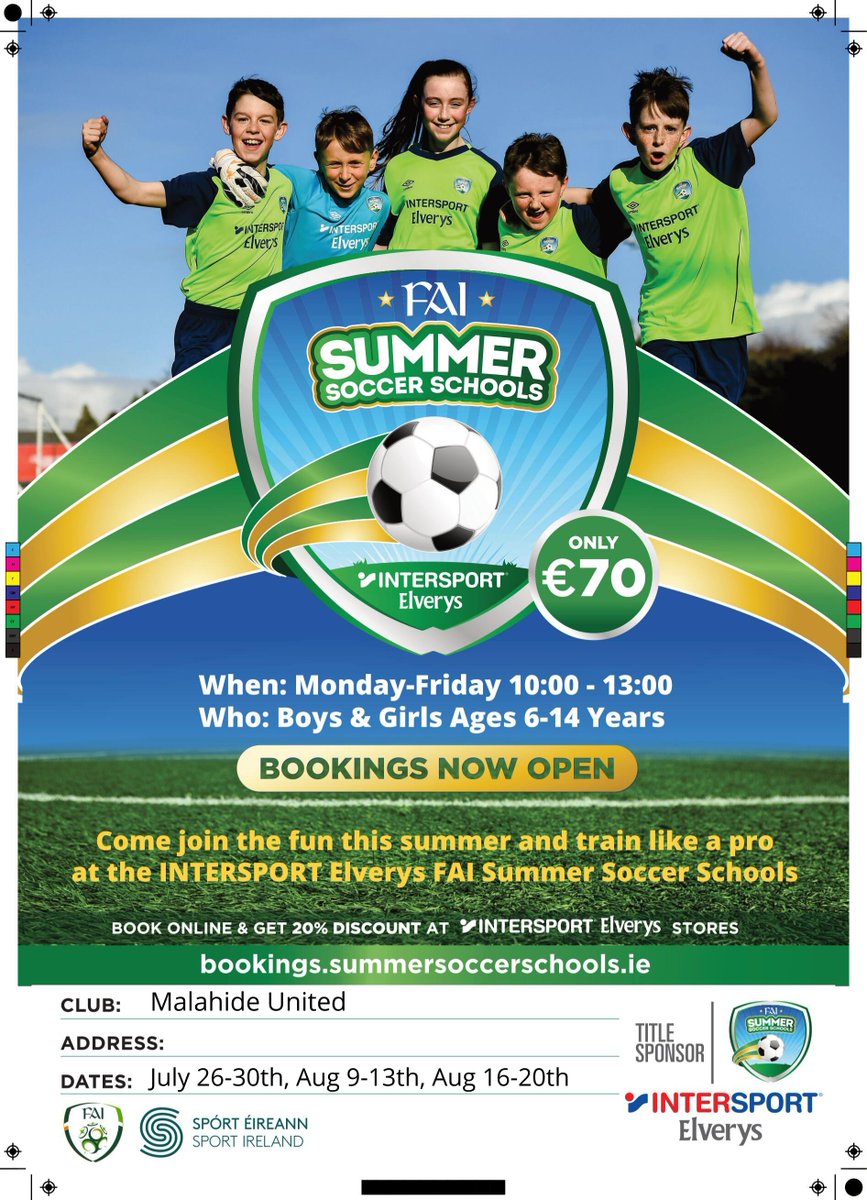 FingalSports's tweet image. FAI Summer Soccer School

There are still some spaces left on the @GypsyNangle and @MalahideUnited summer camps.

Book early as spaces are expected to fill up quickly.
bookings.summersoccerschools.ie/s/

@FAIreland @FAIGrassroots 
#ActiveFingal #grassrootsfootball #SummerCamps