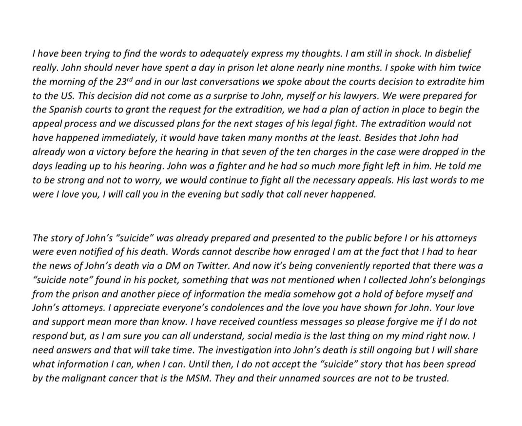I cannot begin to describe this pain I am feeling. That everyone who truly loved John is feeling. I have been struggling to write this tweet since the news of John's death. I still cannot believe he is really gone. I miss you and I will love you forever John David.