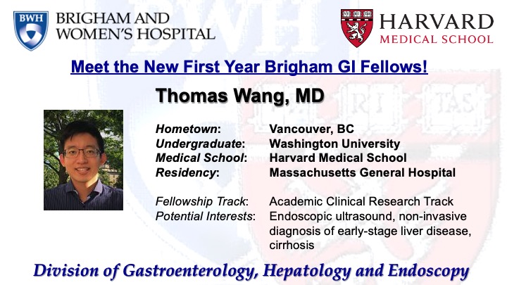 Brigham and Women's GI (@brighamgi) on Twitter photo We are excited to introduce our new class of <a href="/BrighamWomens/">Brigham and Women's Hospital</a> <a href="/harvardmed/">Harvard Medical School</a> GI fellows! (1/5)
Thomas Wang, MD completed his residency at <a href="/mghmedres/">MGH IM Residents</a>, after undergraduate studies at @WUSTL and medical school <a href="/harvardmed/">Harvard Medical School</a>.
#BWHGIFellow #ClincalResearchTrack We are excited to introduce our new class of <a href="/BrighamWomens/">Brigham and Women's Hospital</a> <a href="/harvardmed/">Harvard Medical School</a> GI fellows! (1/5)
Thomas Wang, MD completed his residency at <a href="/mghmedres/">MGH IM Residents</a>, after undergraduate studies at @WUSTL and medical school <a href="/harvardmed/">Harvard Medical School</a>.
#BWHGIFellow #ClincalResearchTrack