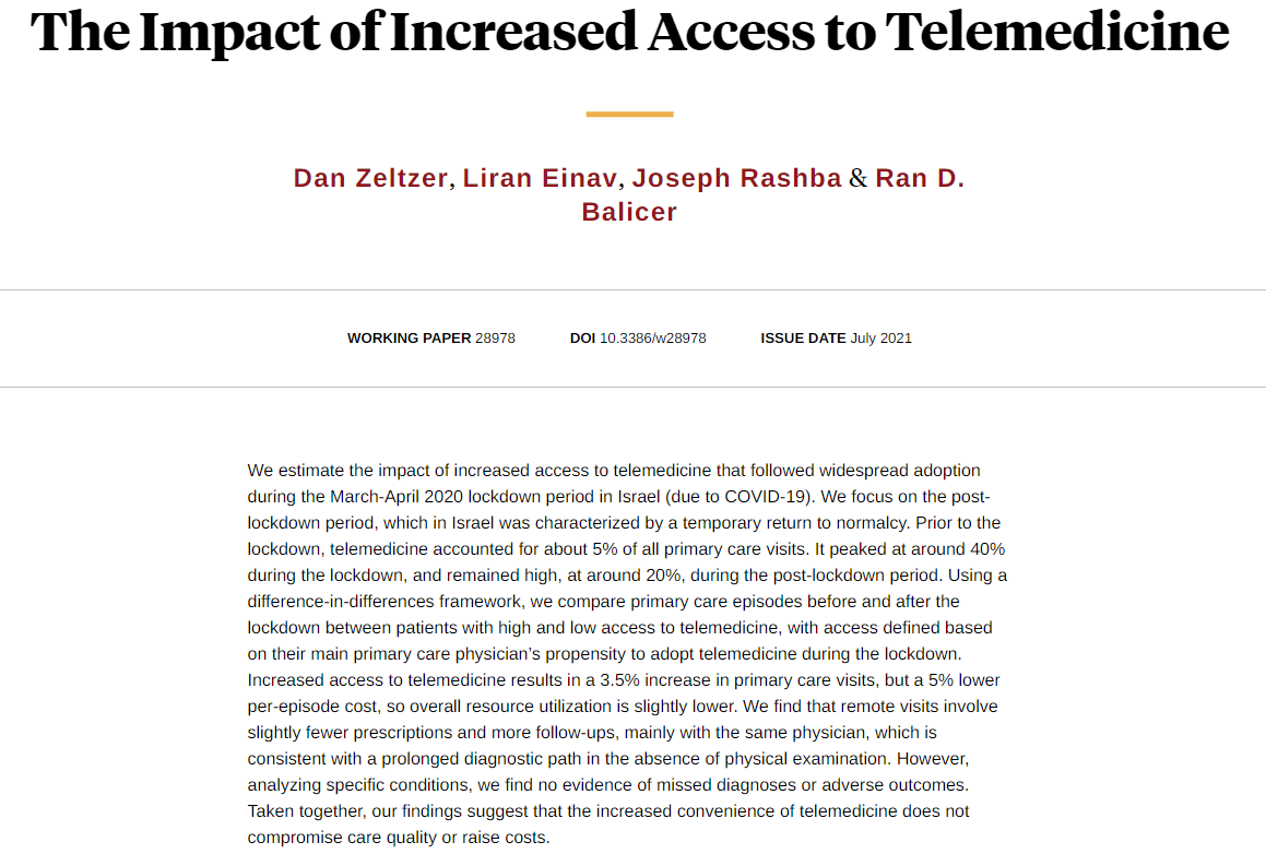 nberpubs's tweet photo. Increased access to telemedicine following its widespread adoption in Israel during the March-April 2020 pandemic lockdown did not compromise care quality or raise costs, from @danzeltzer, Liran Einav, Joseph Rashba, and @RanBalicer https://t.co/4uWjEmbNKu https://t.co/W47ZuWPHOJ