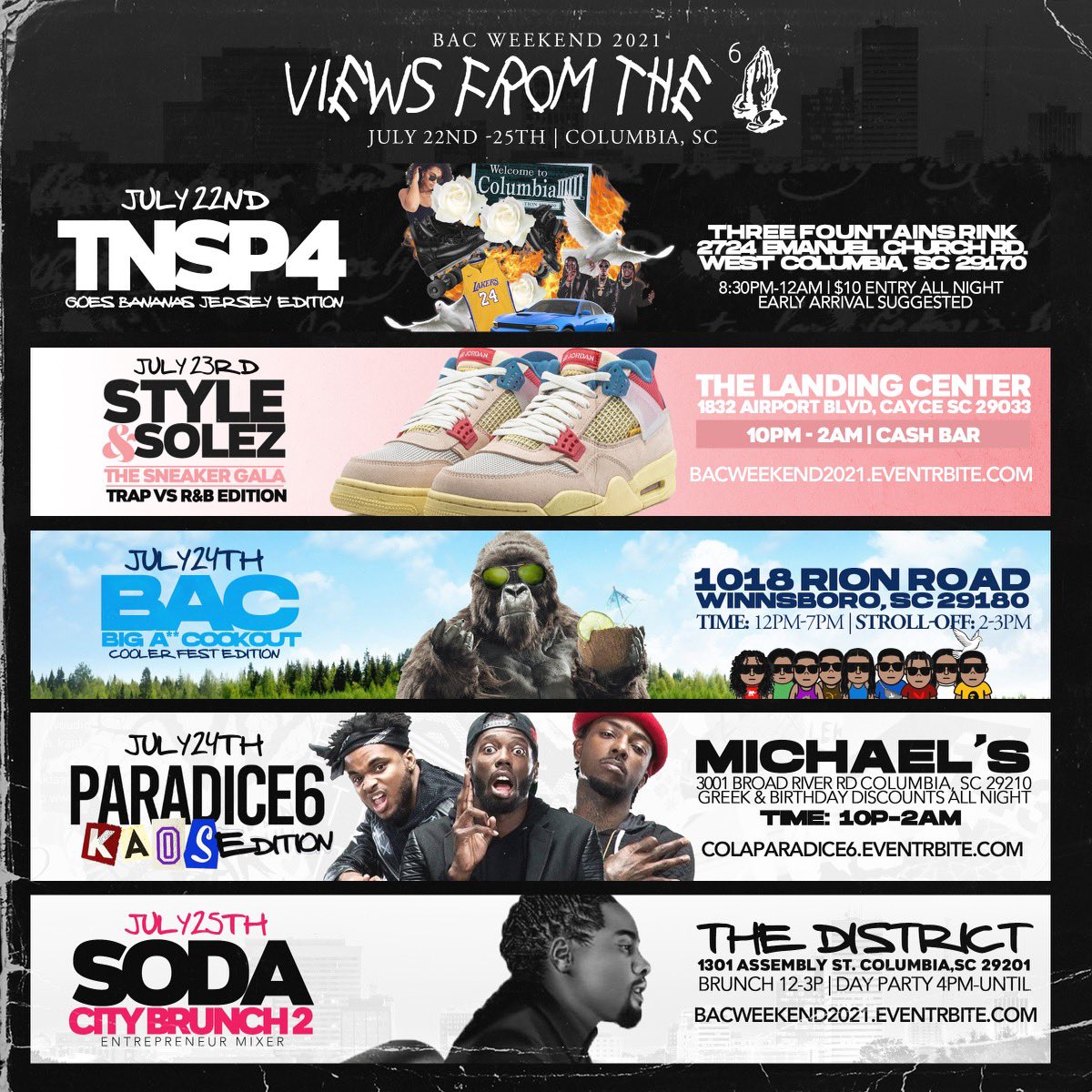 The MOST ANTICIPATED weekend of the summer in South Carolina 🎬💥

BAC WEEKEND 2021: Views From the 6️⃣🙏🏾👁
July 22nd - 25th 2021
Columbia, SC 📍
GET YOUR TICKETS (LINK IN BIO)
Use Promo code “BAC2021” discount on all tickets‼️
 #Like #Share #Retweet #BACWeekend2021 #Year6