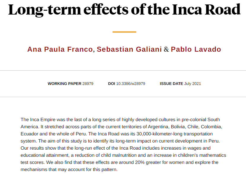 nberpubs's tweet photo. The Inca Road’s long-term impacts on development in Peru include increases in wages and educational attainment, a reduction in child malnutrition, and an increase in children’s math scores, from Ana Paula Franco, @SFGaliani, and Pablo Lavado https://t.co/5e9UVcf7Q5 https://t.co/nQRCjXuIqC