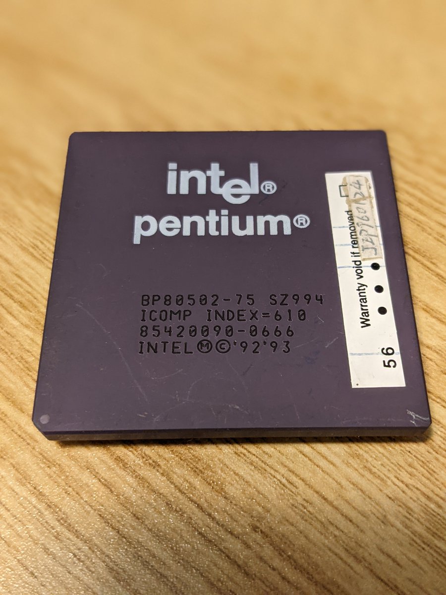 CodependentCodr's tweet image. Going through a box of old computer parts found this piece of #computinghistory - an original Pentium 1 75MHz CPU. Can't believe this is almost 30 years old. Pins are a little bent, think the warranty is still valid? :D