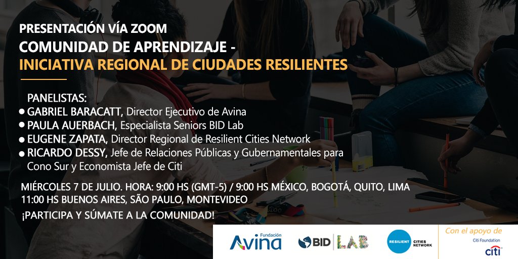 InnovaSentido's tweet photo. 📢¡Solo falta un día!
Te esperamos en la presentación de la Comunidad de Aprendizaje, que junto a BID-Lab, Resilient Cities Network y con el apoyo de Citi Foundation, haremos en el marco de la Iniciativa Regional de #CiudadesResilientes.
📋 Únete aquí 👉🏼: https://t.co/I4drIcAzor https://t.co/rD751gJplh