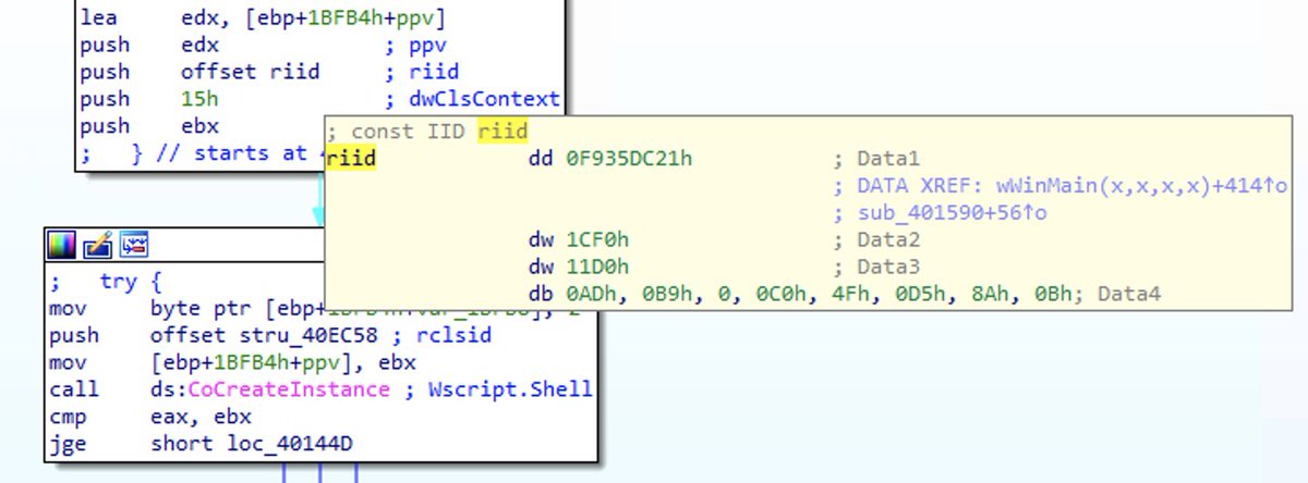 re_and_more's tweet image. RE tip of the day: Apart from CreateProcess, ShellExecute and WinExec WinAPIs, attackers can use CoCreateInstance API with F935DC21-1CF0-11d0-ADB9-00C04FD58A0B IID (Wscript.Shell COM object) to create new processes

#infosec #cybersecurity #malware #reverseengineering