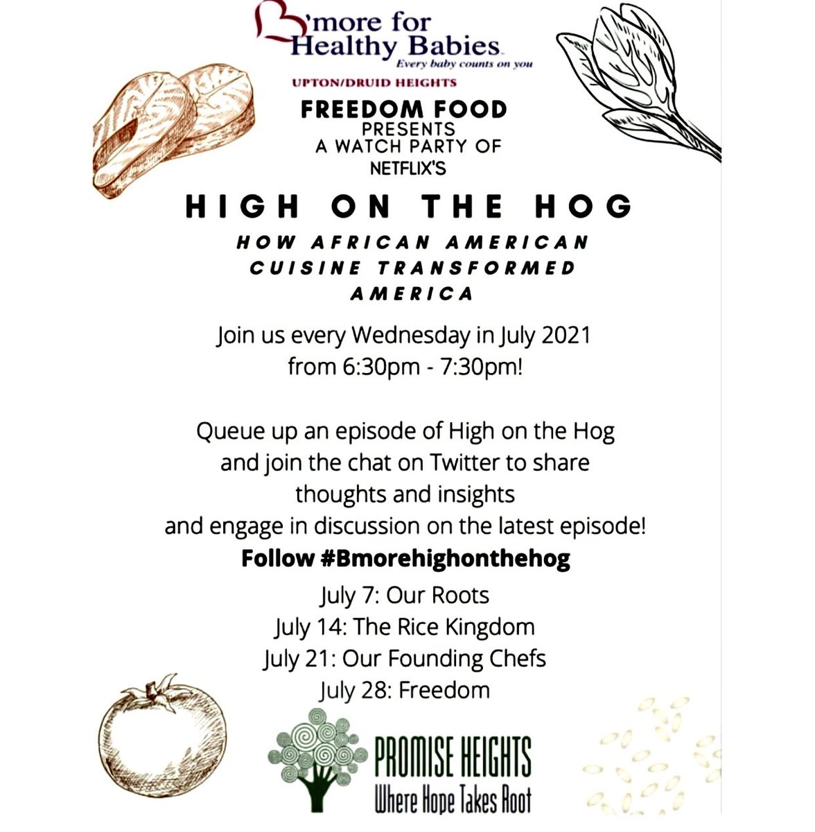 promiseheights's tweet photo. We hope you’ve followed @HealthyBabiesPH important year-round offerings, & they’ve helped bring dynamic & groundbreaking change to Upton/Druid Heights. #dontmiss #bmorehighonthehog @netflix #watchparty series on Twitter Wed’s 6:30-7pm. #roots #foundingchefs #freedomfood Retweet! https://t.co/1ENBT1mWHR