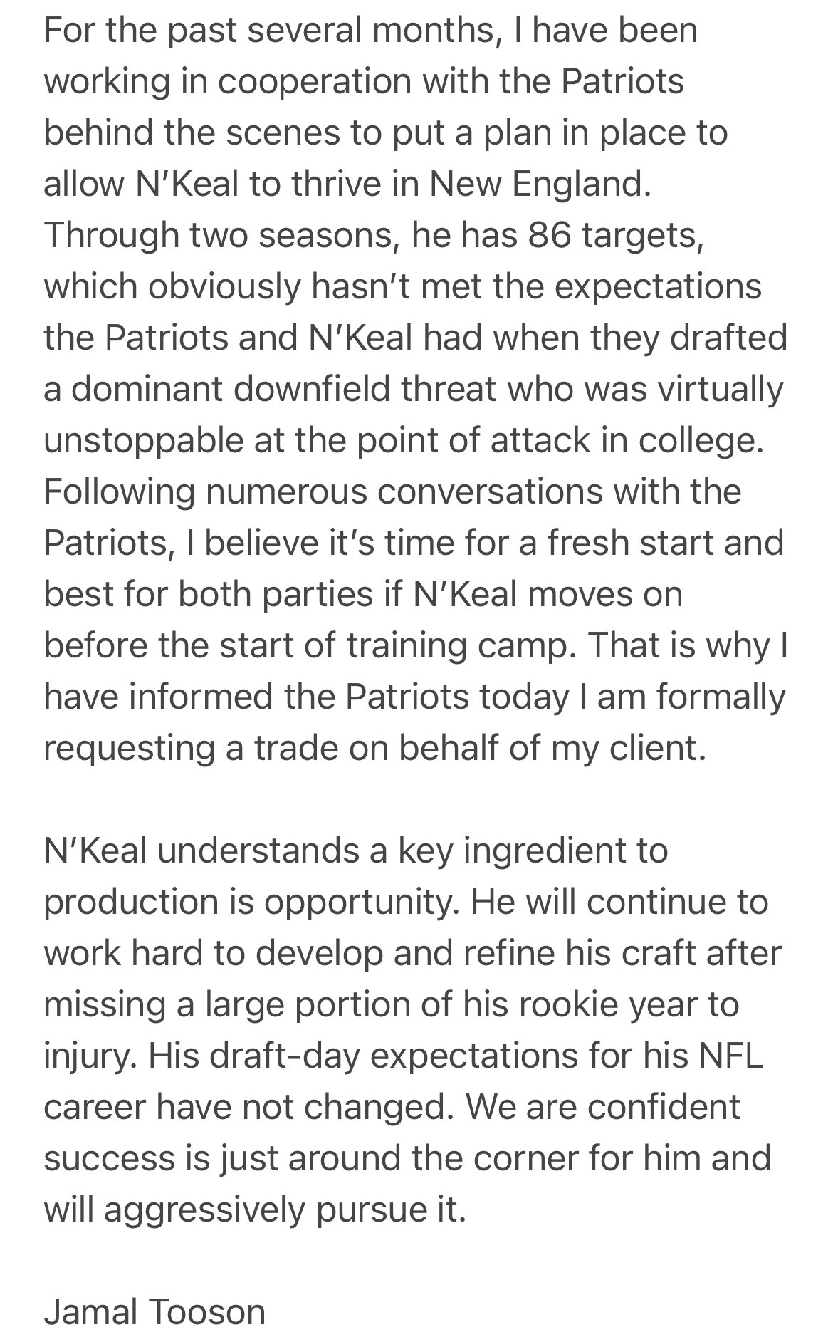 Mike Garafolo Statement From Patriots Wr N Keal Harry S Agent Jamal Tooson Who Has Formally Requested A Trade For The 19 First Round Pick T Co 3xdjbbar28 Twitter