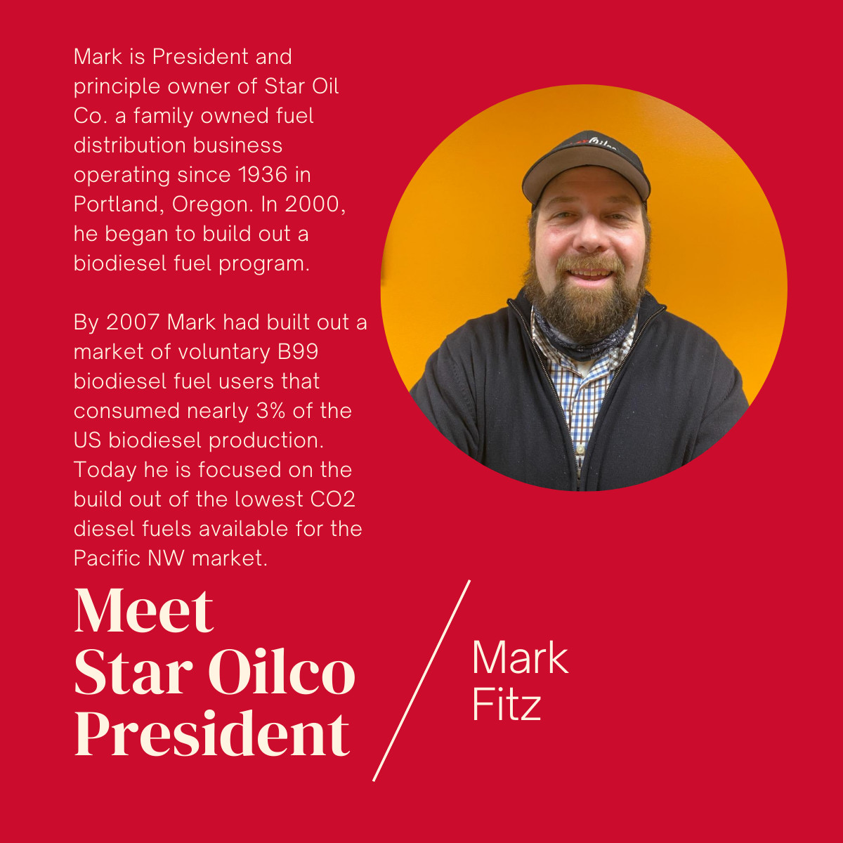 Meet one of our speakers at the Carbon Solutions Lunch & Learn, Mark Fitz, President of Star Oilco. 
Register with link: 
bit.ly/3cH3BiR
#carbonsolutions #lowercarbonemissions #thevectorsystem #optimustechnologies #biodiesel #sustainability #staroilco #keepitsimple