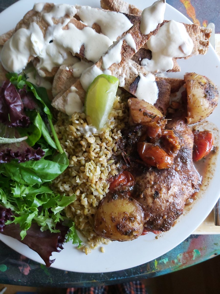 iamtheshunt1's tweet photo. There we go lads...
Persian chicken & potato stew with roasted tomatoes and a pomegranate & tamarind sauce. Orange scented freekeh, mixed salad, and toasted pitta with sour cream/lime/chilli dressing.
Yes. It does taste fucking amazing! #BensRecovery https://t.co/9U9WNgPNDs
