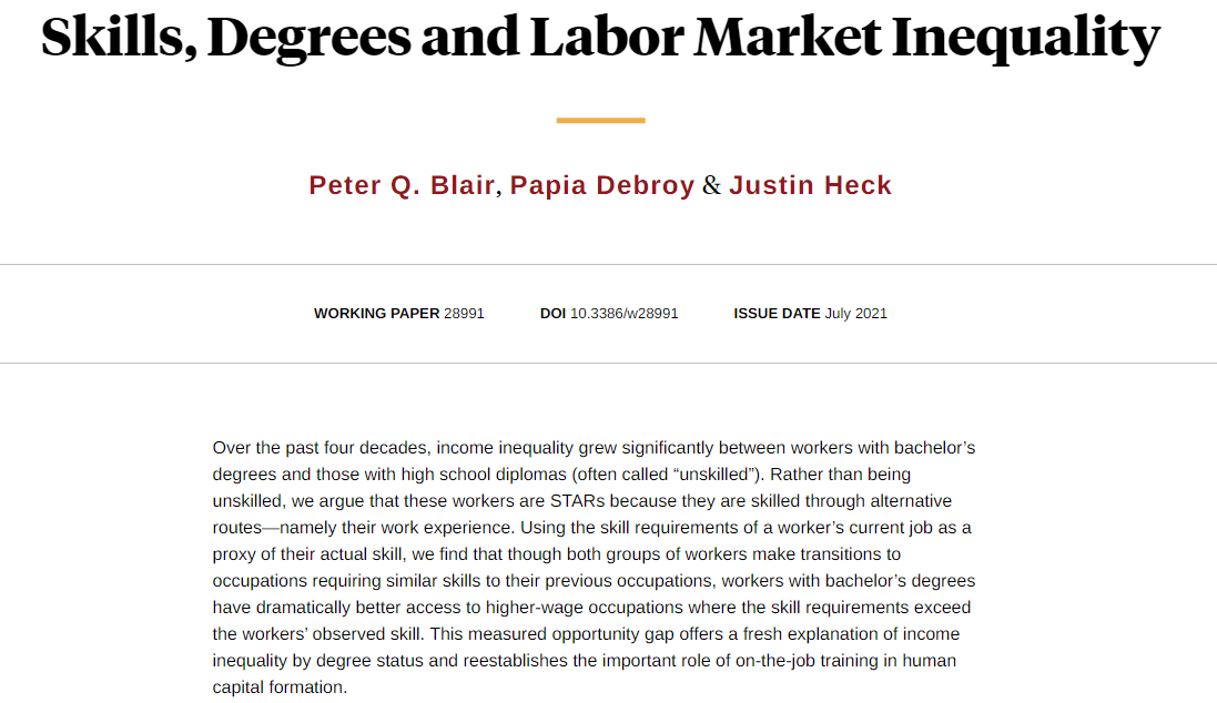 nberpubs's tweet photo. The opportunity gap in moving to higher-wage work drives income inequality between workers with and without college degrees, from @pqblair, @DebroyPapia, and @justinheck https://t.co/j5QkXDCGsA https://t.co/Pcs5IgR3A1