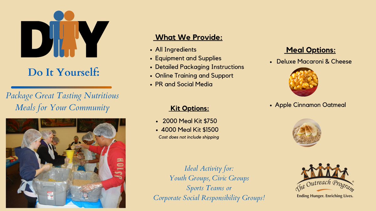 Are you looking for a great activity that engages a small group in a festive activity that builds team work and feeds the hungry in your community? The Outreach Program DIY (Do-It-Yourself) meal packaging kit is the perfect solution!
#helpingothers