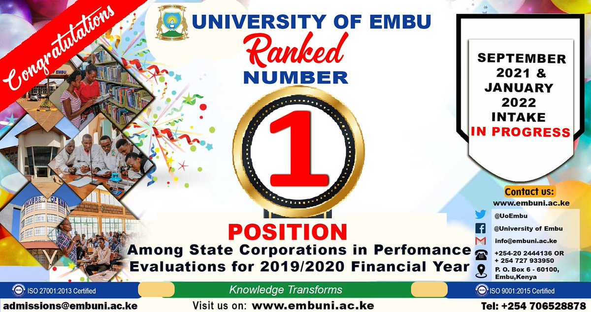 UoEm tops in performance evaluations for 2019/2020 FY, becoming the best performing institution among all State Corporations in Kenya 🇰🇪 during the performance contracting cycle for Govt Ministries / Departments / Agencies, State Corporations 

Congratulations UoEm 🎊 🎊🏆