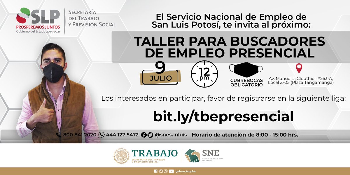 STPSSLP's tweet photo. #TallerPresencial

Para #BuscadoresDeEmpleo, el próximo 9 de julio en las instalaciones del @snesanluis.

🕛 12:00 hrs.

🚨 GRATUITO CON CUPO LIMITADO 🚨

➡️ https://t.co/hPBC03L82R

⚠️ Uso obligatorio de cubrebocas durante todo el taller. https://t.co/I2i4dBg2Fj