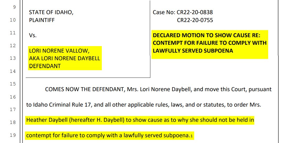ChasingPaper89's tweet photo. NEW DOC: #MarkMeans wants an explanation from #HeatherDaybell as to why she shouldn't be held in contempt for refusing his subpoena.
#lorivallow
#chaddaybell https://t.co/ezBk3SmoTC