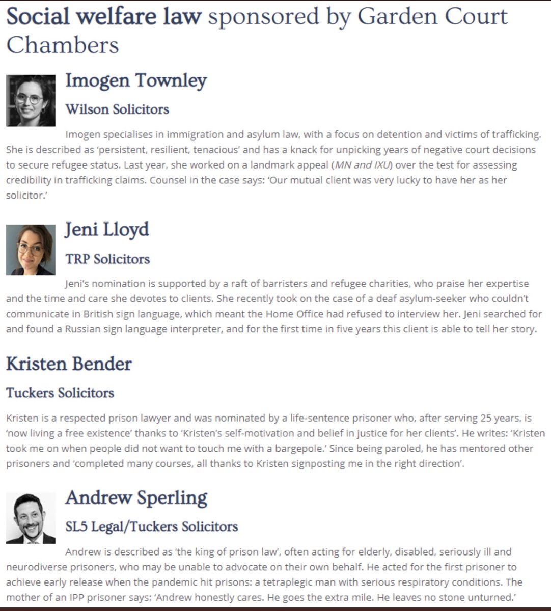 LALYawards's tweet photo. Now Social Welfare #LALY21 finalists all brilliant lawyers who go above and beyond for their clients: 🌟 TImogen Townley @WilsonsLondon 🌟 Jeni Lloyd TRP Solicitors Kristen Bende @TuckersLaw 🌟 @AndrewSperling Thanks to @gardencourtlawfor sponsoring this award https://t.co/q51Py3Jbcd