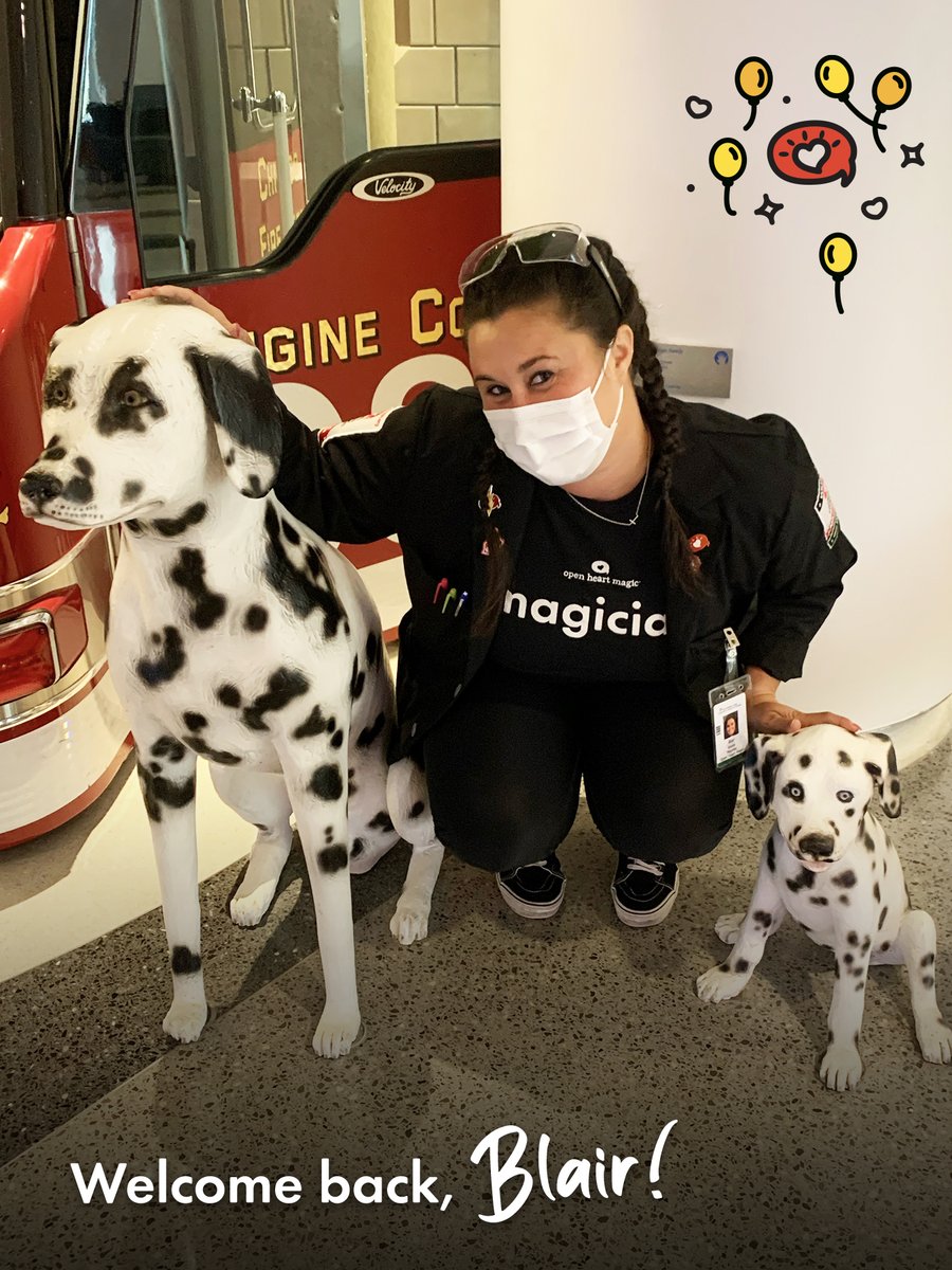 OpenHeartMagic's tweet image. WELCOME BACK, BLAIR! So Blair doesn’t ALWAYS coordinate her outfit with Dalmatians, but she does on Saturdays at @LurieChildrens  — and it’s magical. The kids she visits agree.  #welcomebackbedsidemagic