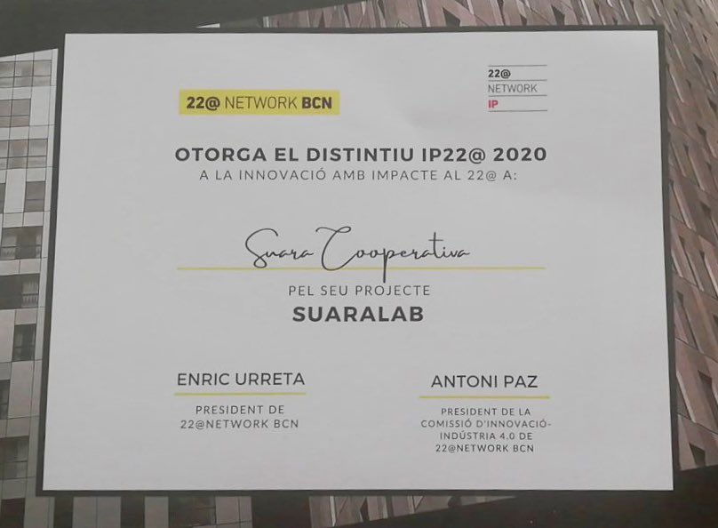 suaracoop's tweet photo. El laboratori d’innovació social de Suara, @SuaraLab, ha estat reconegut amb el distintiu IP22@ que atorga l'associació @22network a projectes innovadors que es generen o tenen impacte al districte 22@ i a la ciutat de Barcelona.
#20anys22arroba #suaralab https://t.co/aOyUiMan9q